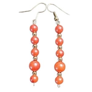 Coral and Gold Tone Beaded Earrings